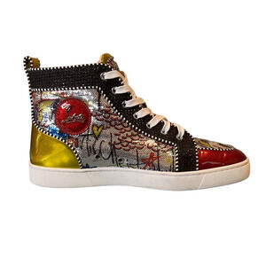 Christian Louboutin Rantus Orlato Flat High Top Graffiti Silver Sneakers Mens
